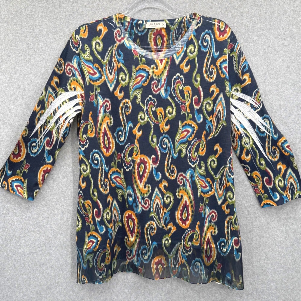 Jess & Jane Womens L Paisley 3/4 Sleeve Top Blouse Shirt Retro Mod  USA‎ Made